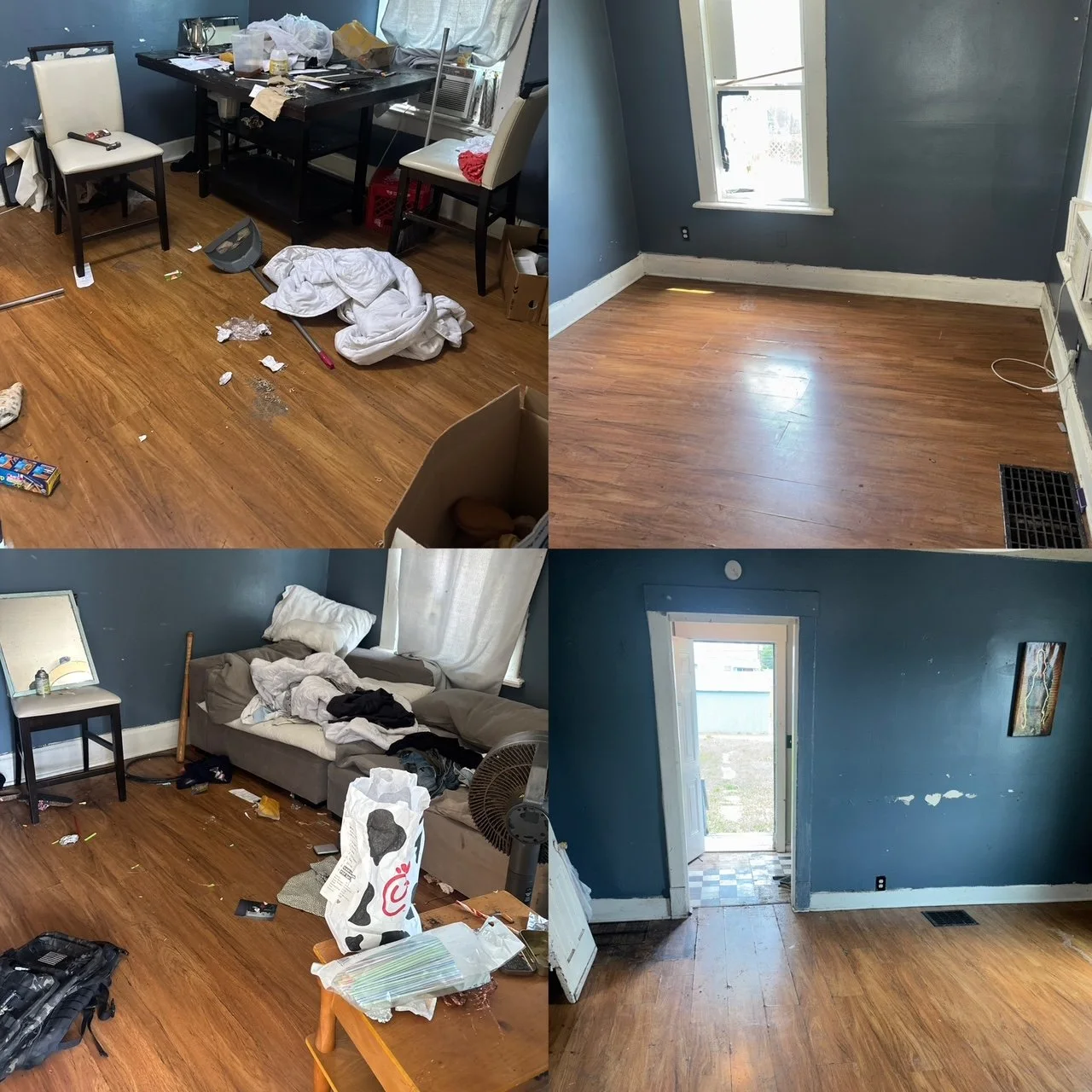 Before and after: clearing and cleaning a living space.